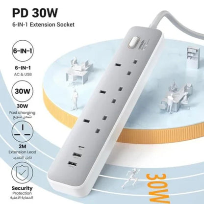 UGREEN 30W 3AC Power Strip Master Switch-CD286 - White