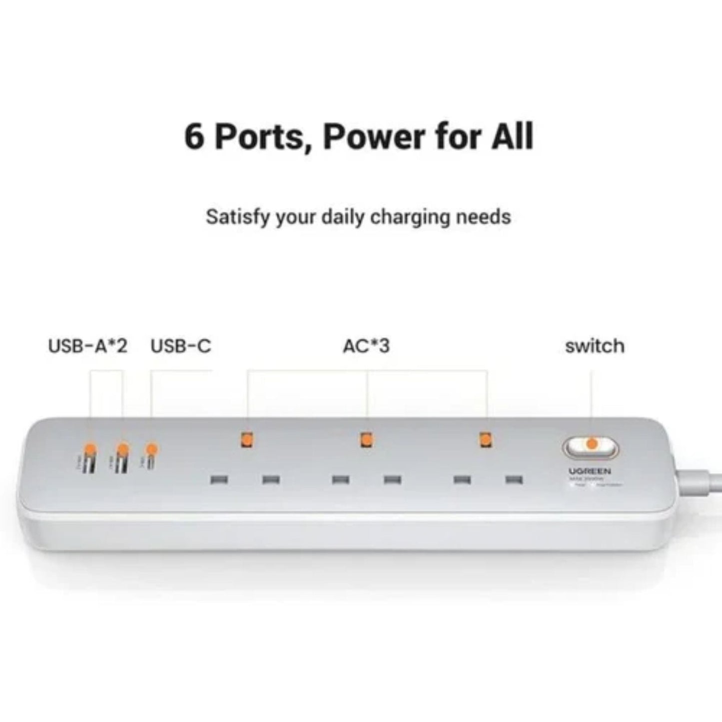 UGREEN 30W 3AC Power Strip Master Switch-CD286 - White