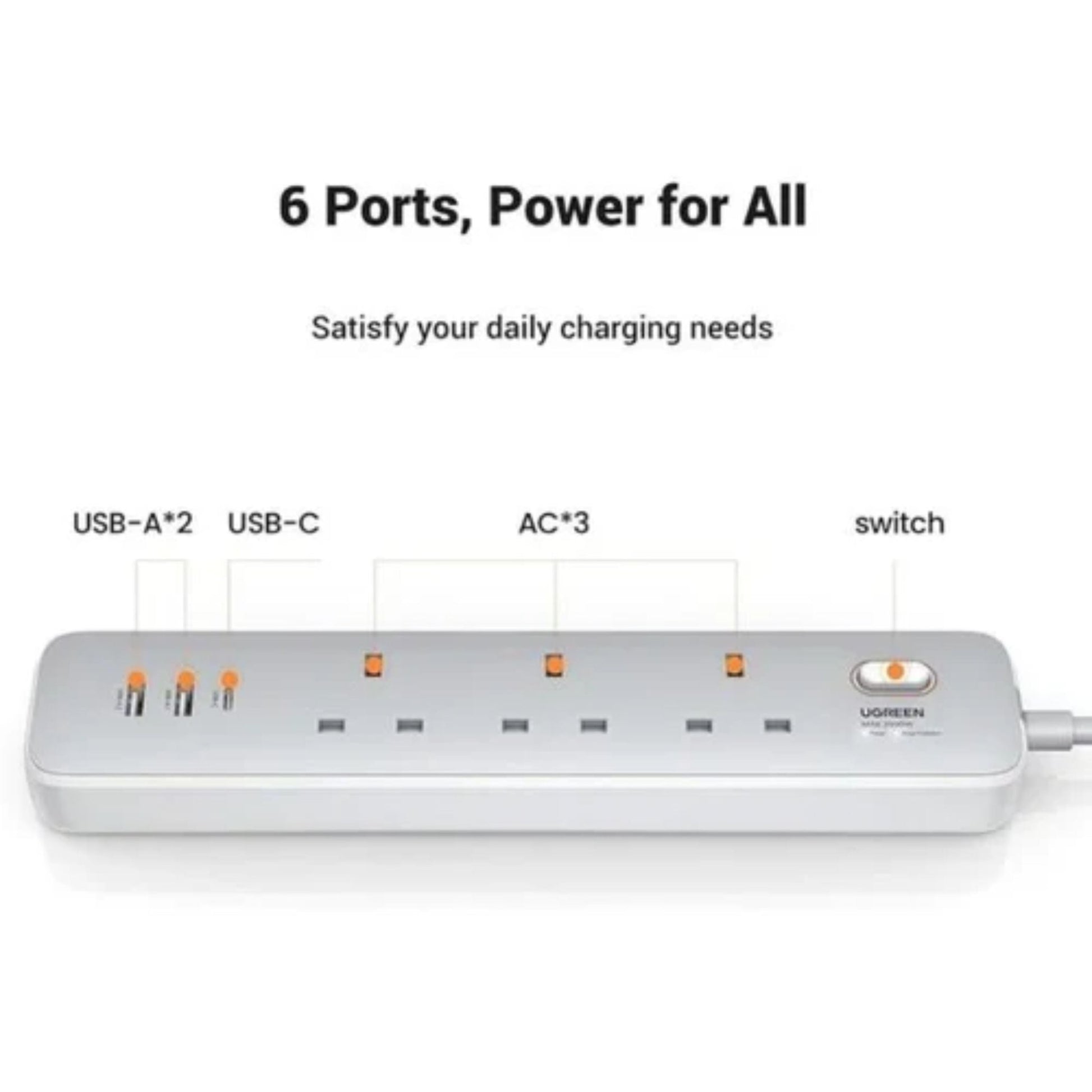 UGREEN 30W 3AC Power Strip Master Switch-CD286 - White