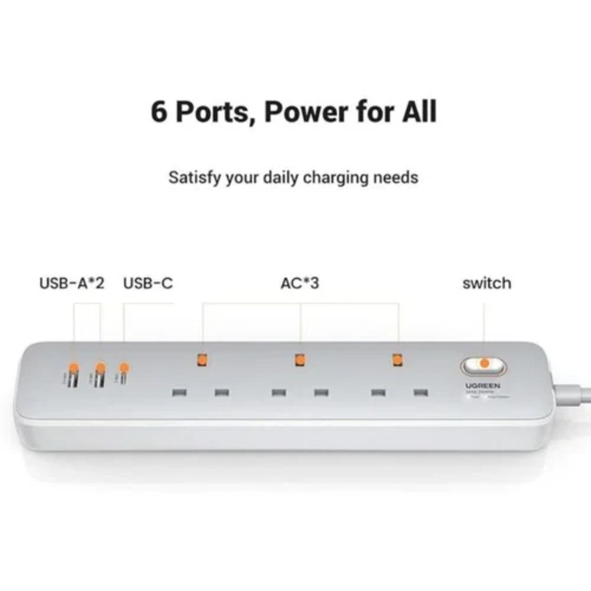 UGREEN 30W 3AC Power Strip Master Switch-CD286 - White
