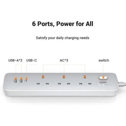 UGREEN 30W 3AC Power Strip Master Switch-CD286 - White