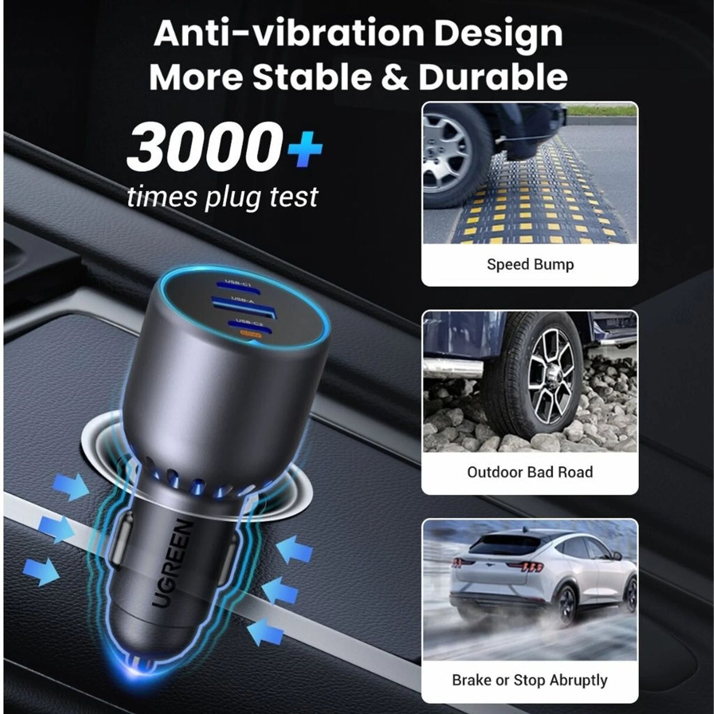 UGREEN 75W 3-Port Fast Car Charger - Grey