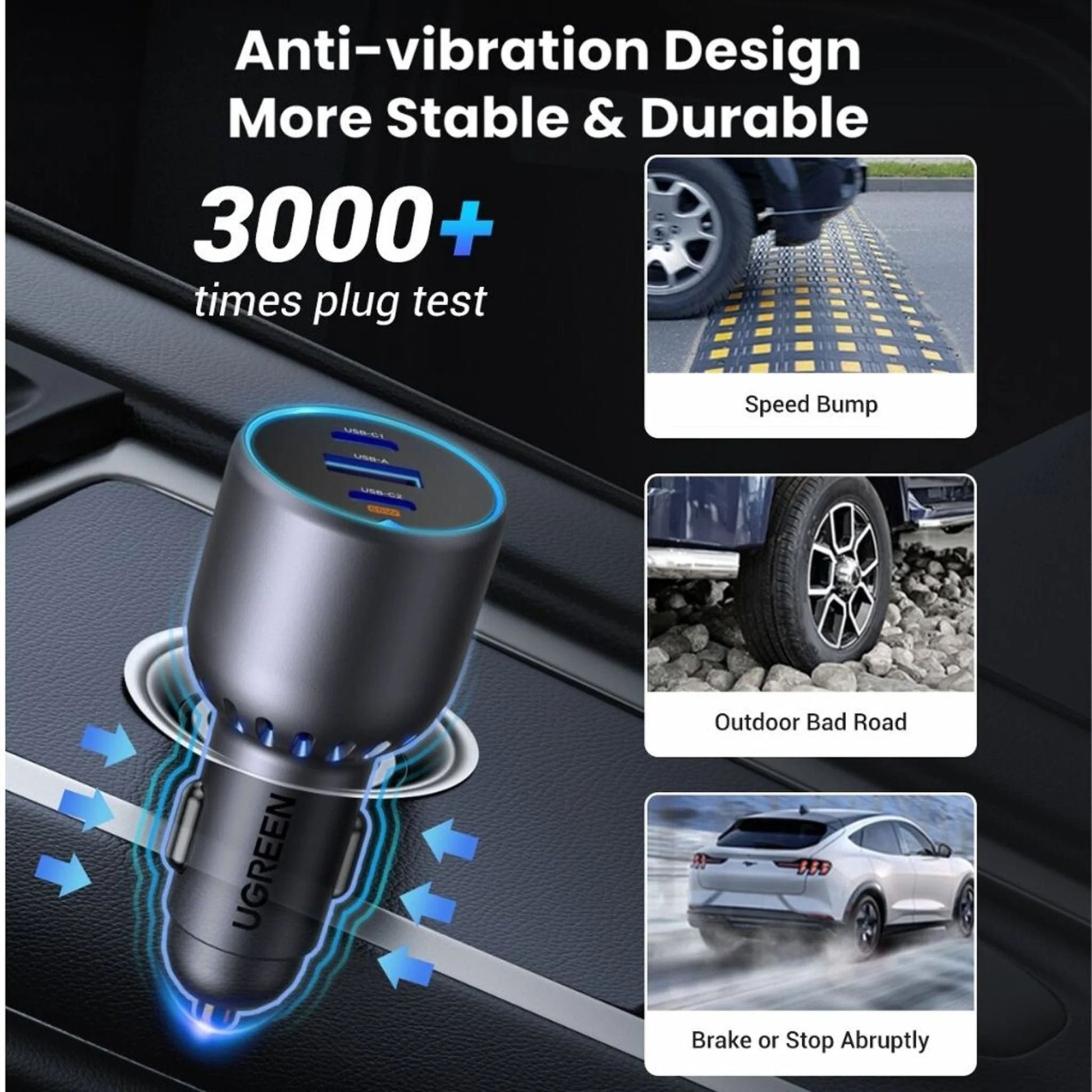 UGREEN 75W 3-Port Fast Car Charger - Grey