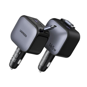 UGREEN Nexode 145W 3-Port Fast Car Charger with Built-in Retractable USB-C Cable - Grey