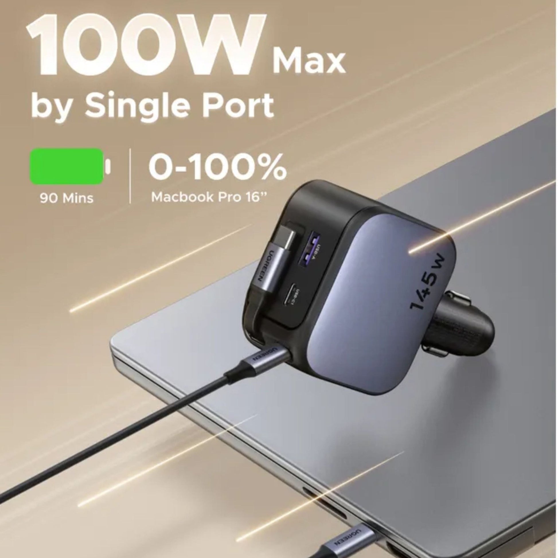 UGREEN Nexode 145W 3-Port Fast Car Charger with Built-in Retractable USB-C Cable - Grey