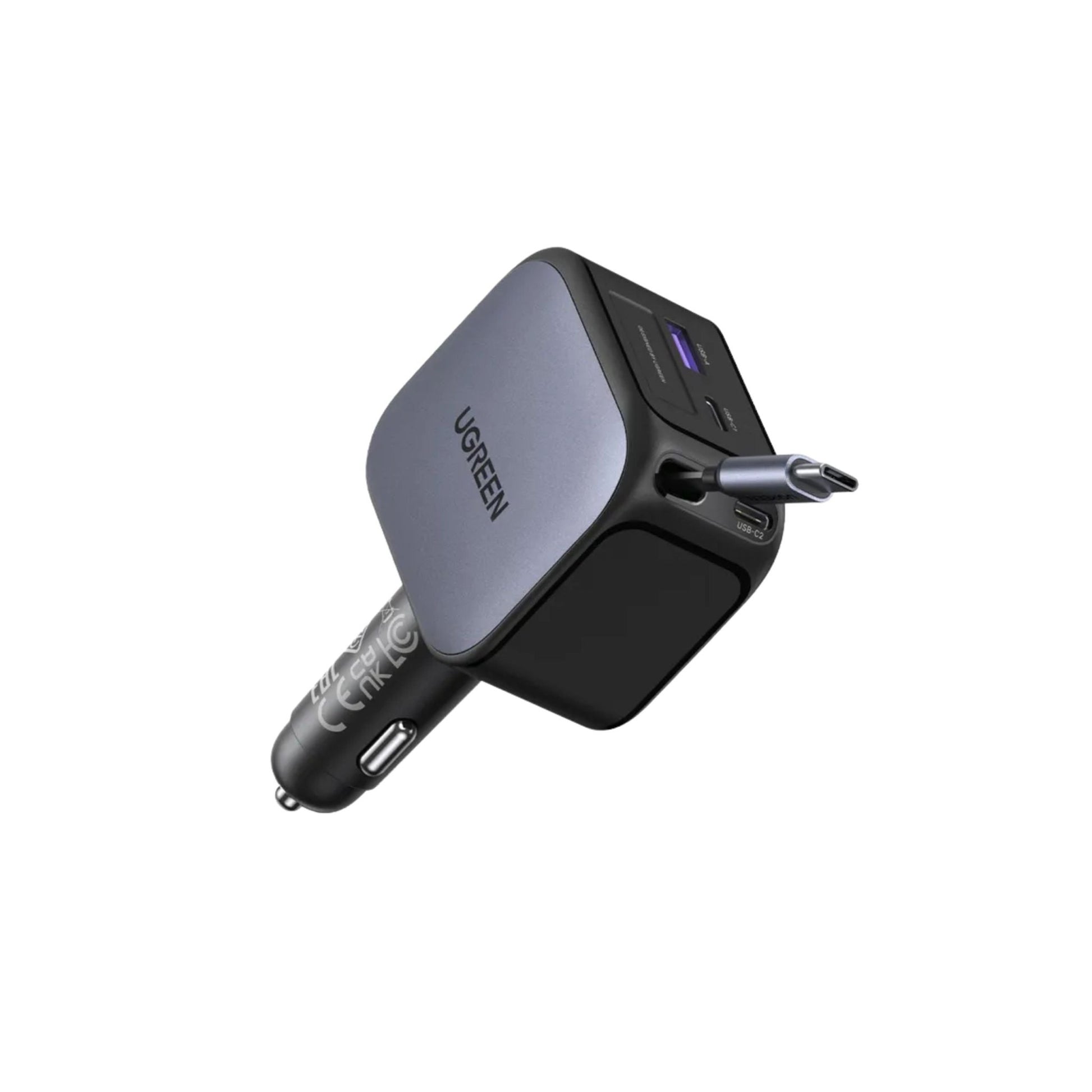 UGREEN Nexode 145W 3-Port Fast Car Charger with Built-in Retractable USB-C Cable - Grey