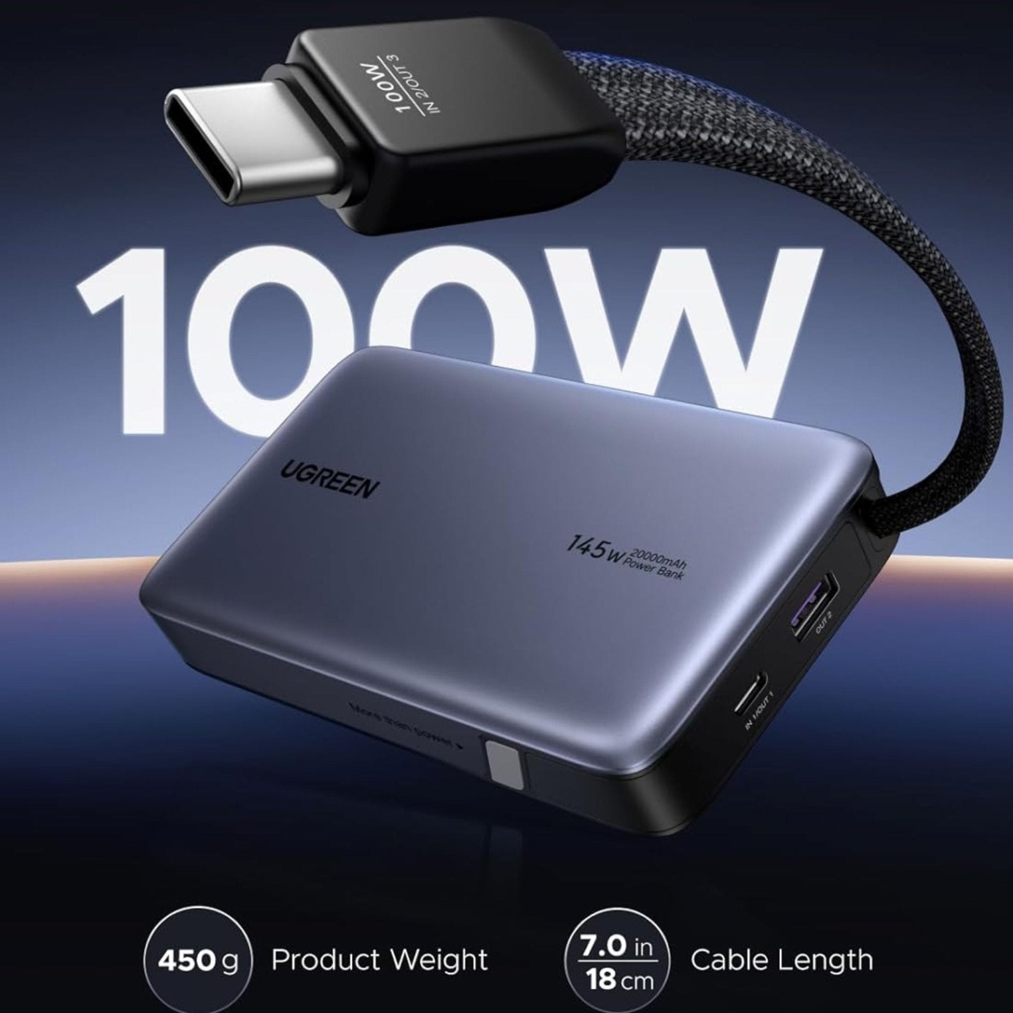 UGREEN Nexode 20000mAh 145W Power Bank with Built-in Cable - Gray