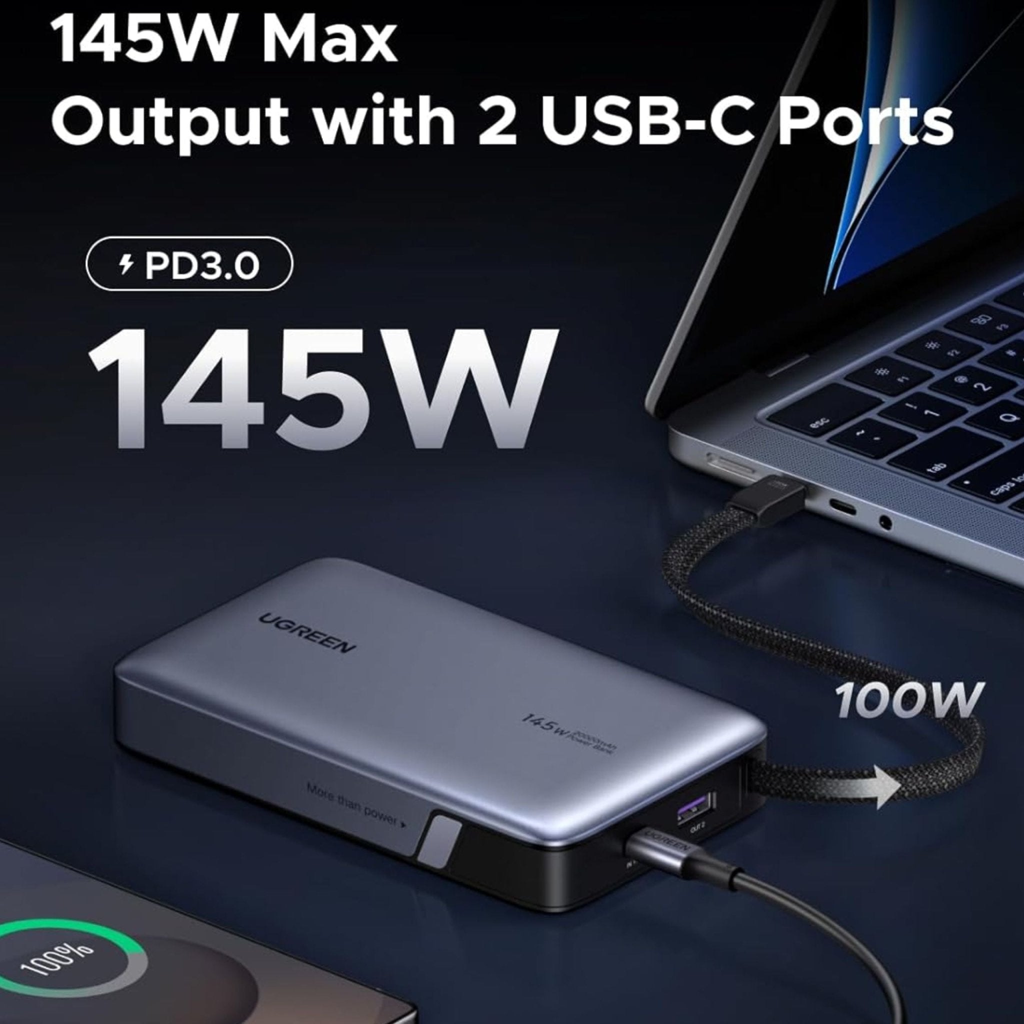 UGREEN Nexode 20000mAh 145W Power Bank with Built-in Cable - Gray