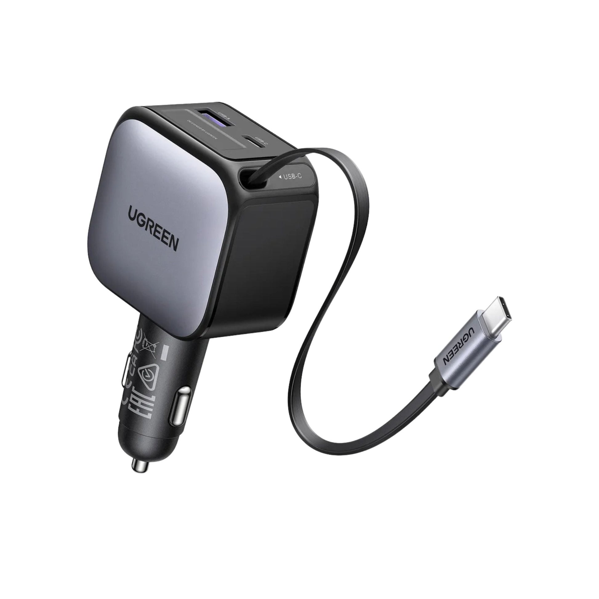 UGREEN Nexode 60W 2-Port Fast Car Charger with Built-in Retractable USB-C Cable - Grey