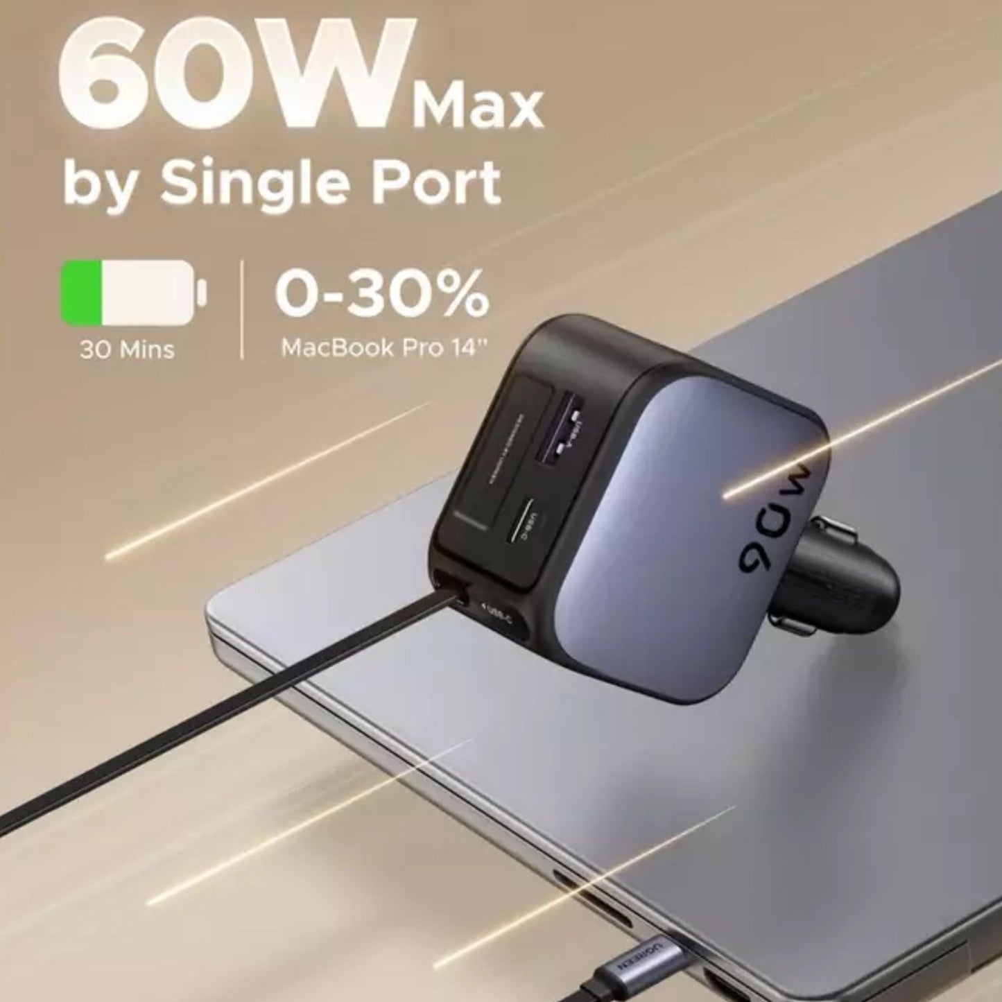 UGREEN Nexode 90W 2-Port Fast Car Charger with Built-in Retractable USB-C Cable - Grey