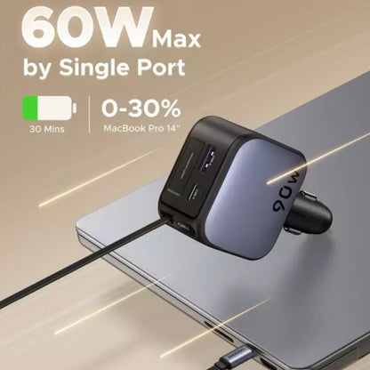 UGREEN Nexode 90W 2-Port Fast Car Charger with Built-in Retractable USB-C Cable - Grey