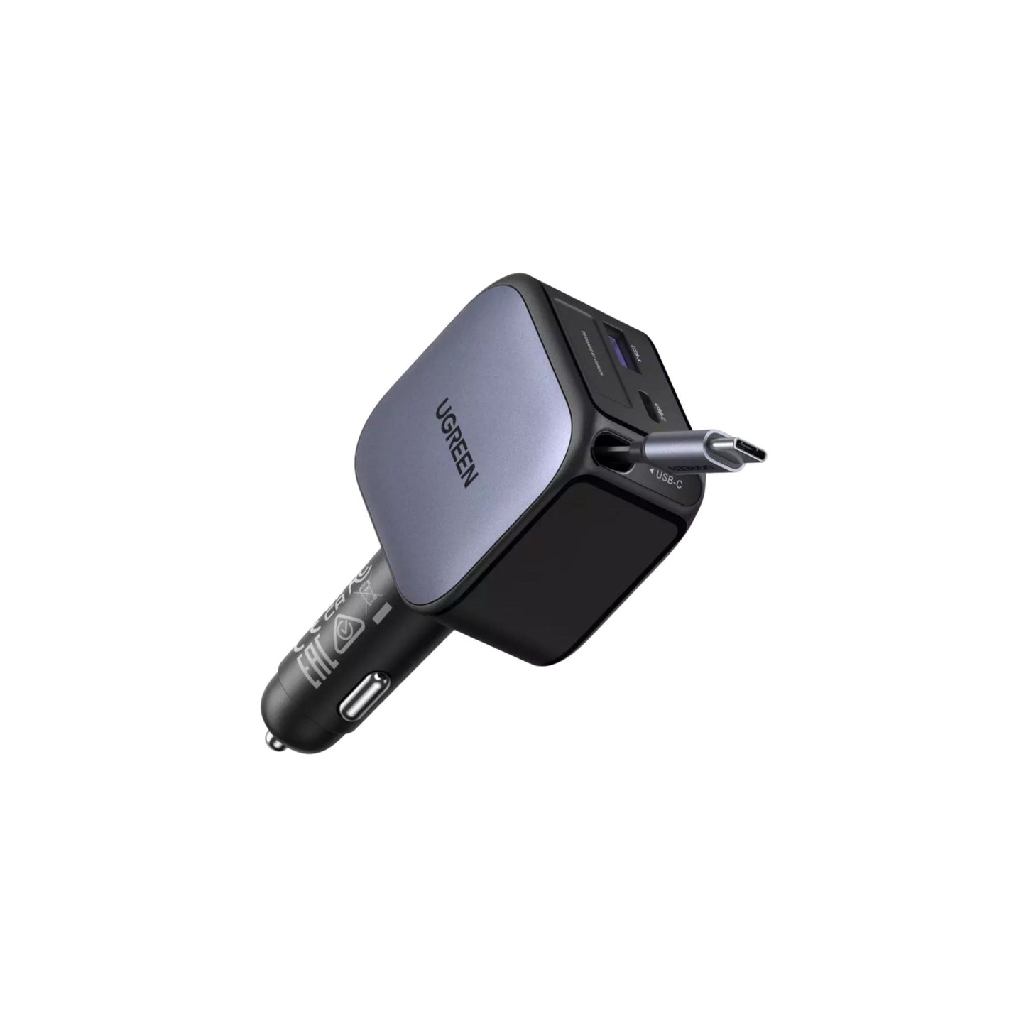 UGREEN Nexode 90W 2-Port Fast Car Charger with Built-in Retractable USB-C Cable - Grey