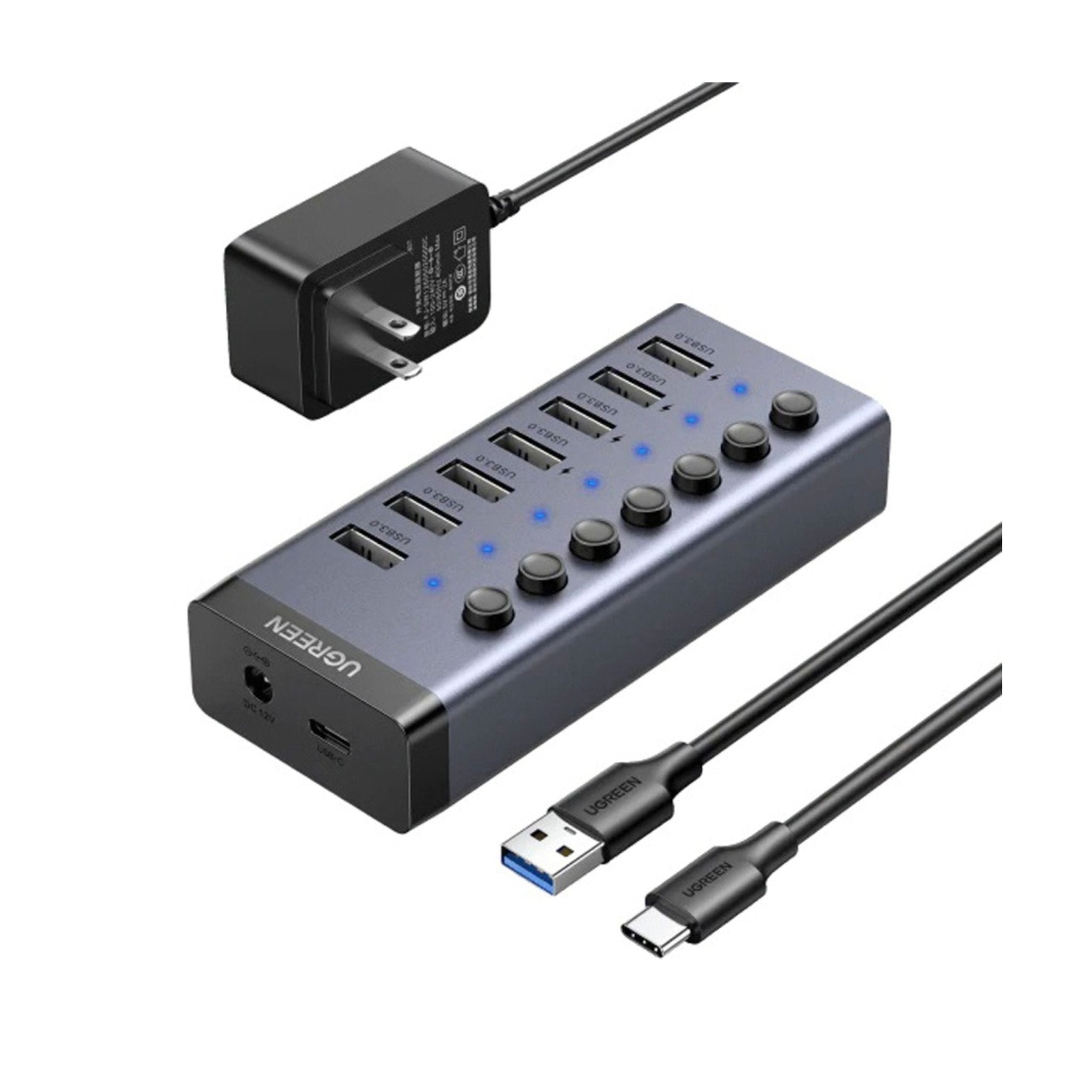 UGREEN USB-C to 7-Port USB 3.0 Hub 12V2A UK - Black