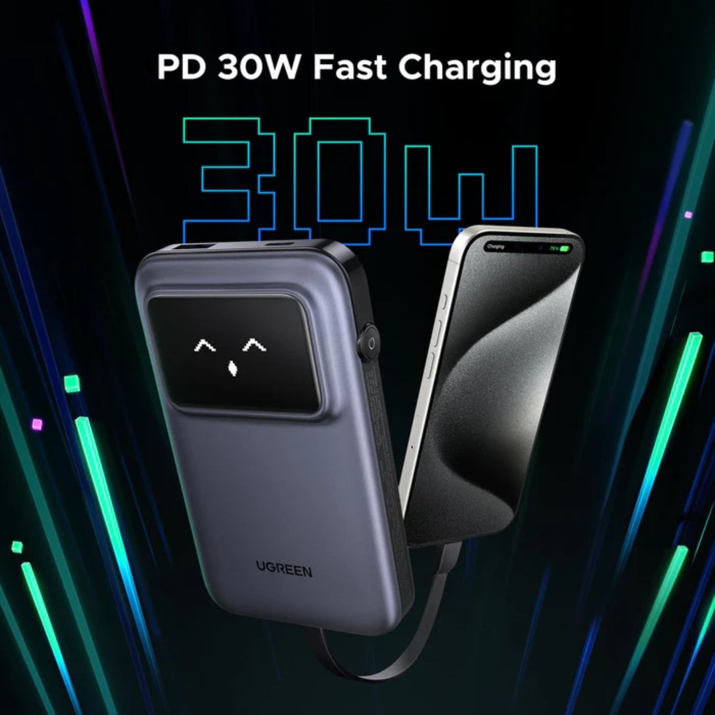 UGREEN Uno 10000mAh Quick Charging 30W Power Bank With Build-in USB-C Cable - Grey