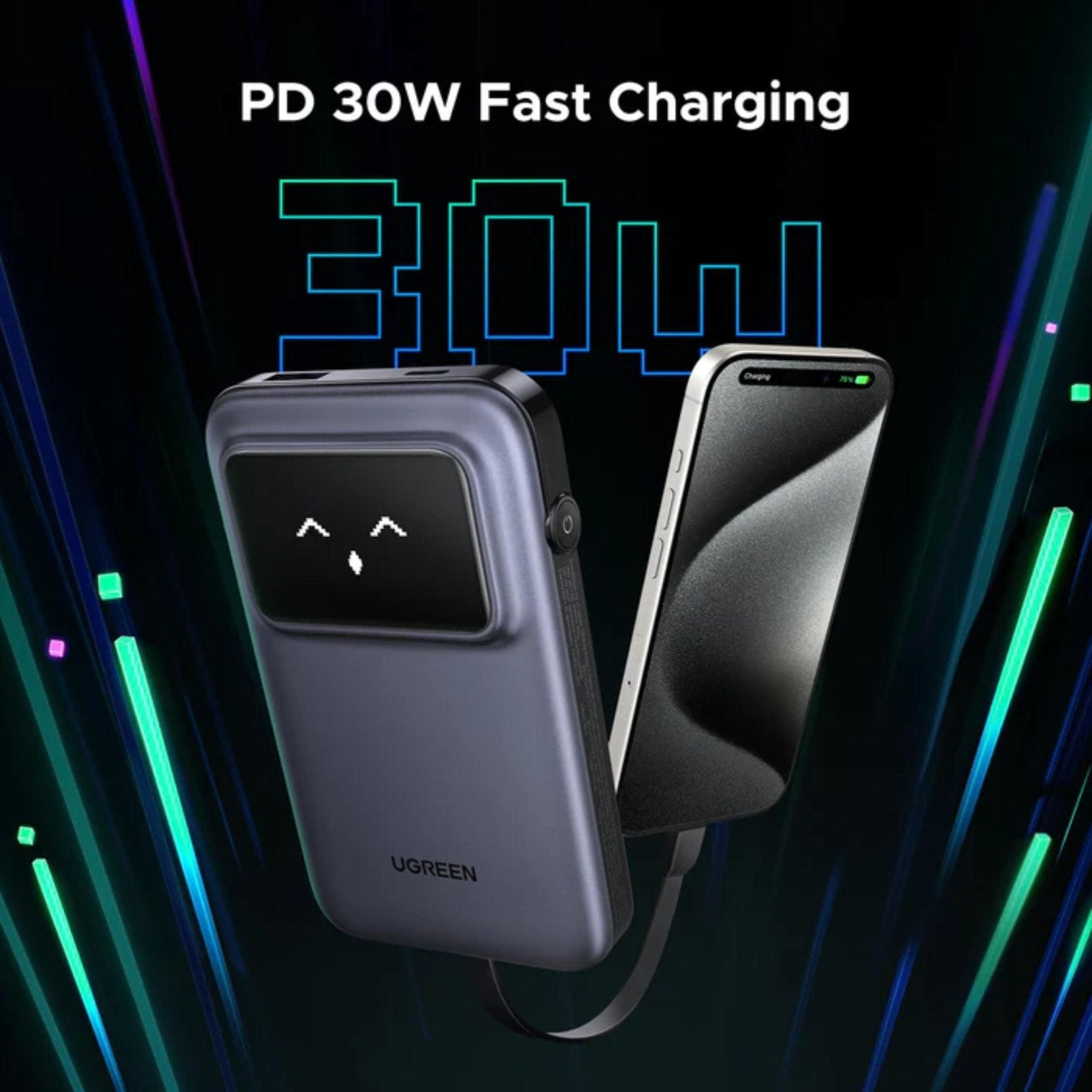 UGREEN Uno 10000mAh Quick Charging 30W Power Bank With Build-in USB-C Cable - Grey