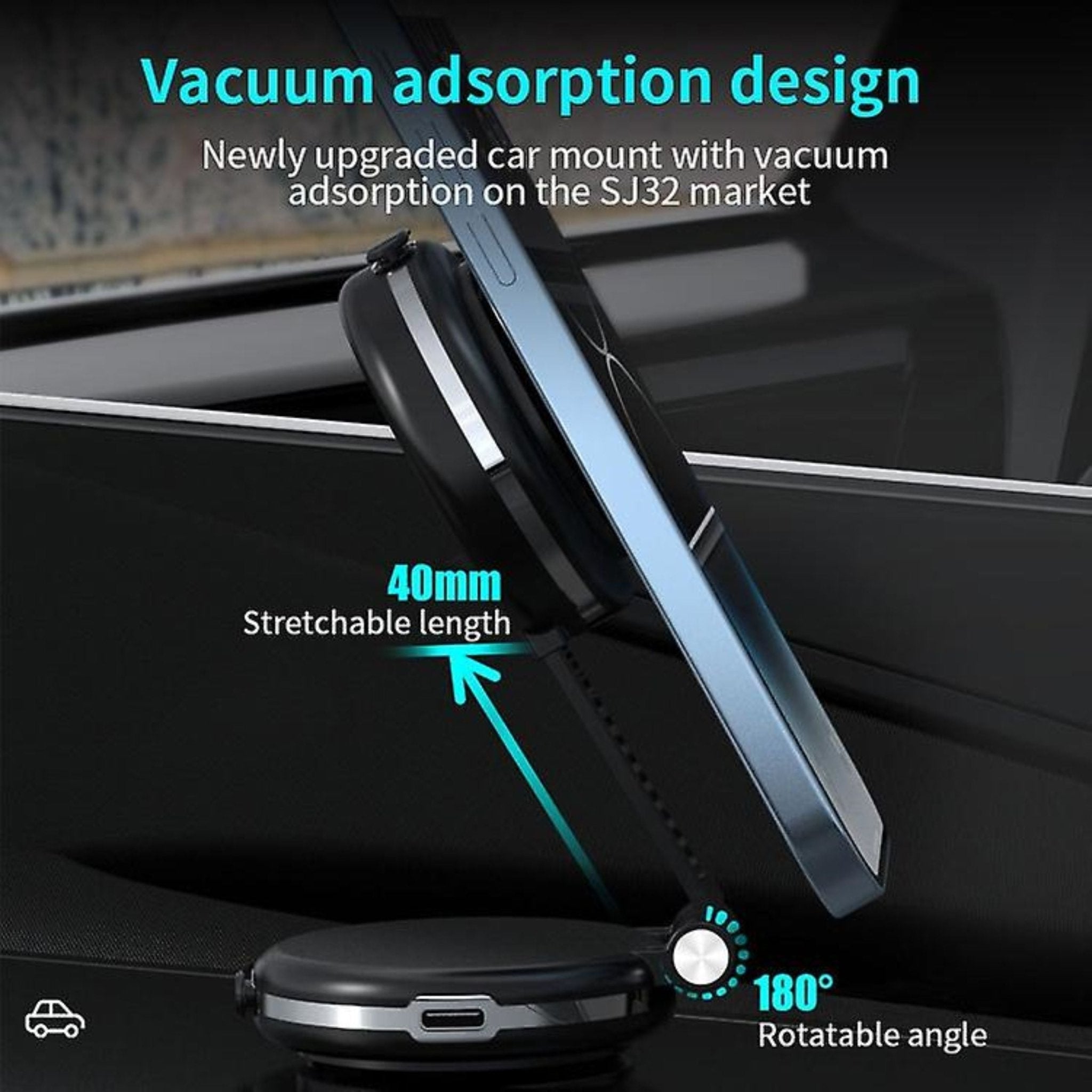 Vacuum Adsorption Rechargeable Car Mount Holder 360 Degree Rotating - Black