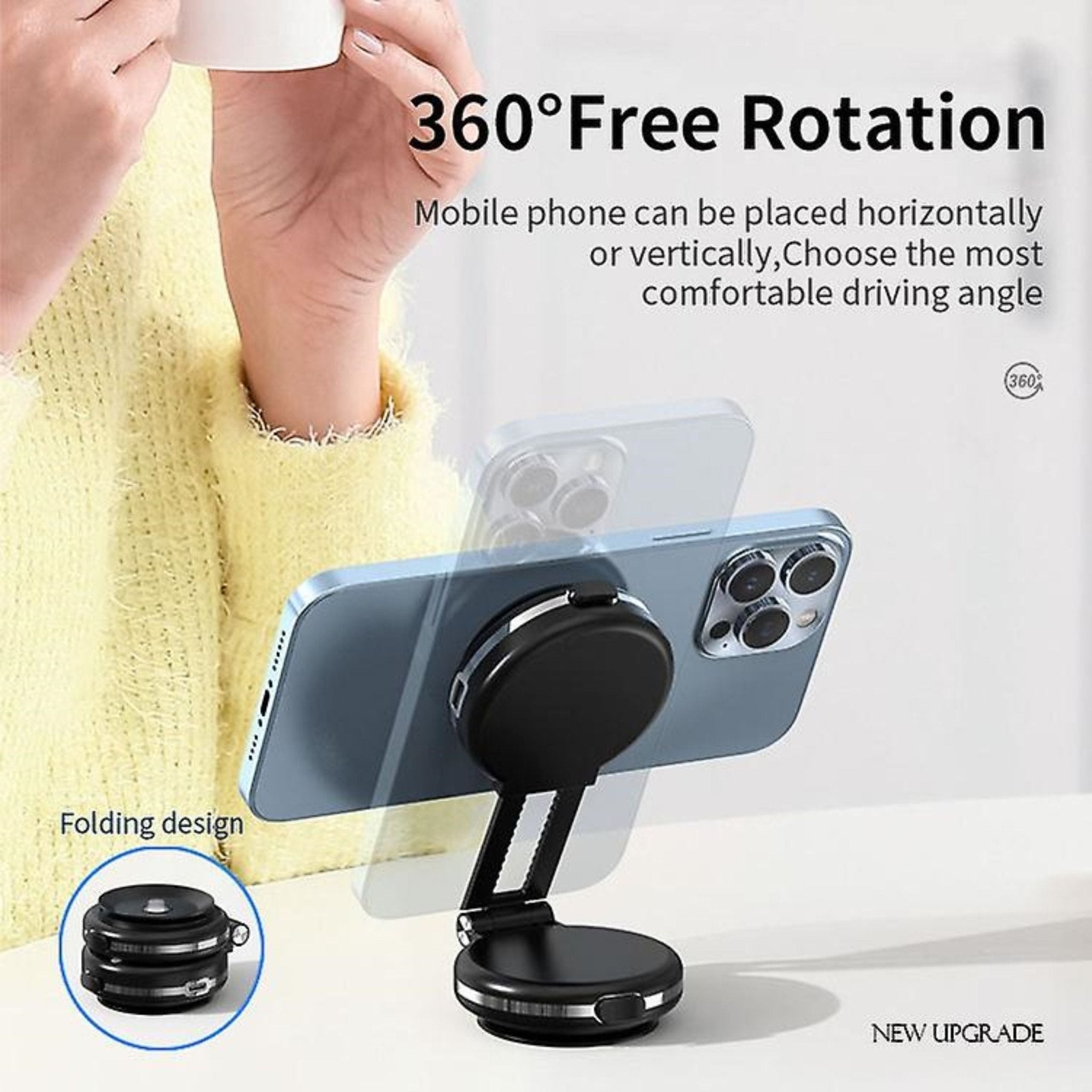 Vacuum Adsorption Rechargeable Car Mount Holder 360 Degree Rotating - Black