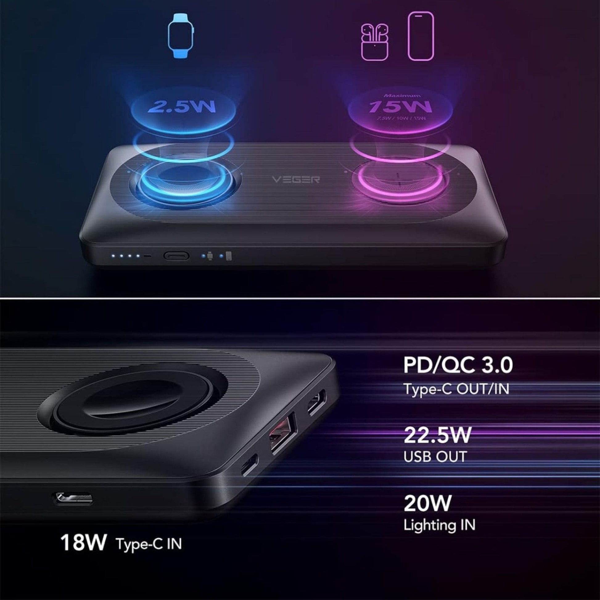 Veger Dual Wireless PD Fast Power bank 10000mah VP-1156 - Black
