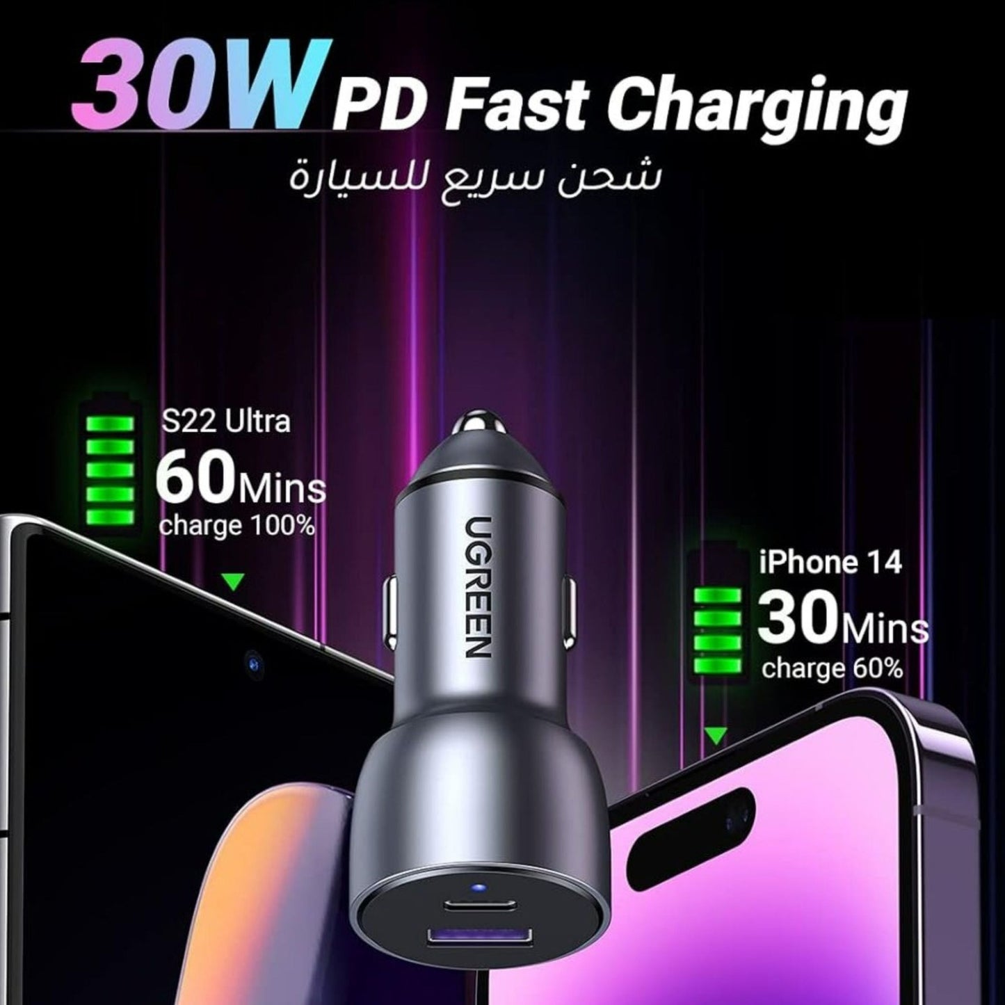 UGREEN 52.5W Fast Car Charger PD30W , SCP 22.5W - Grey