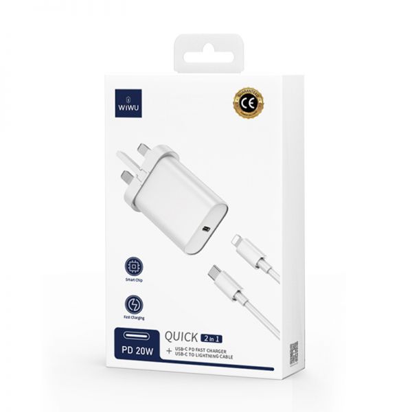 WiWU Quick 20W PD UK Fast Charger with Type-C to Lightning Cable - White