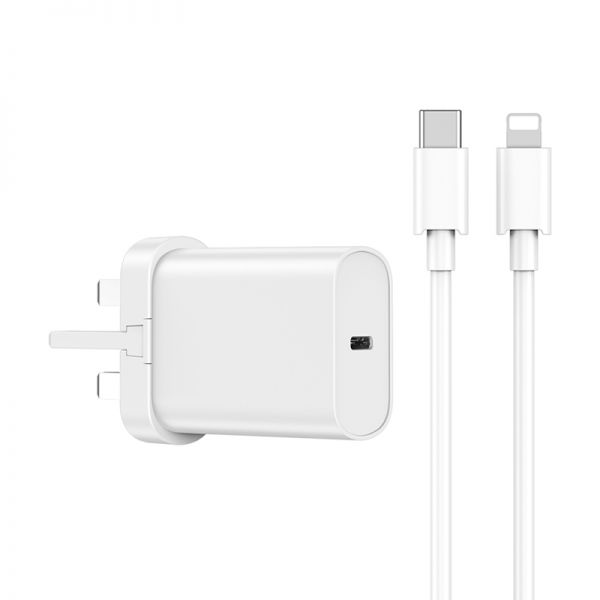 WiWU Quick 20W PD UK Fast Charger with Type-C to Lightning Cable - White