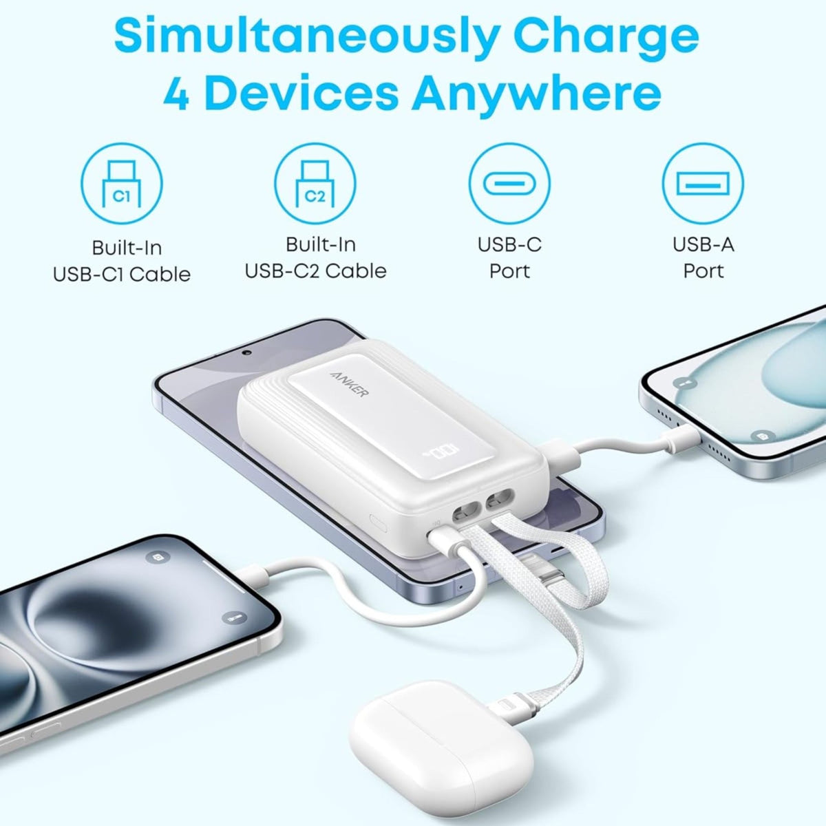 Anker Zolo Power Bank 10000mAh 35W with Dual Built-in USB-C Cables - Black - STOORE.AE | ستور الامارات