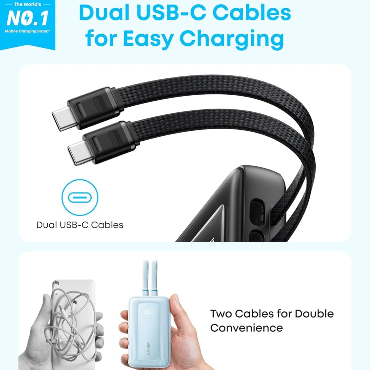 Anker Zolo Power Bank 10000mAh 35W with Dual Built-in USB-C Cables - Black - STOORE.AE | ستور الامارات