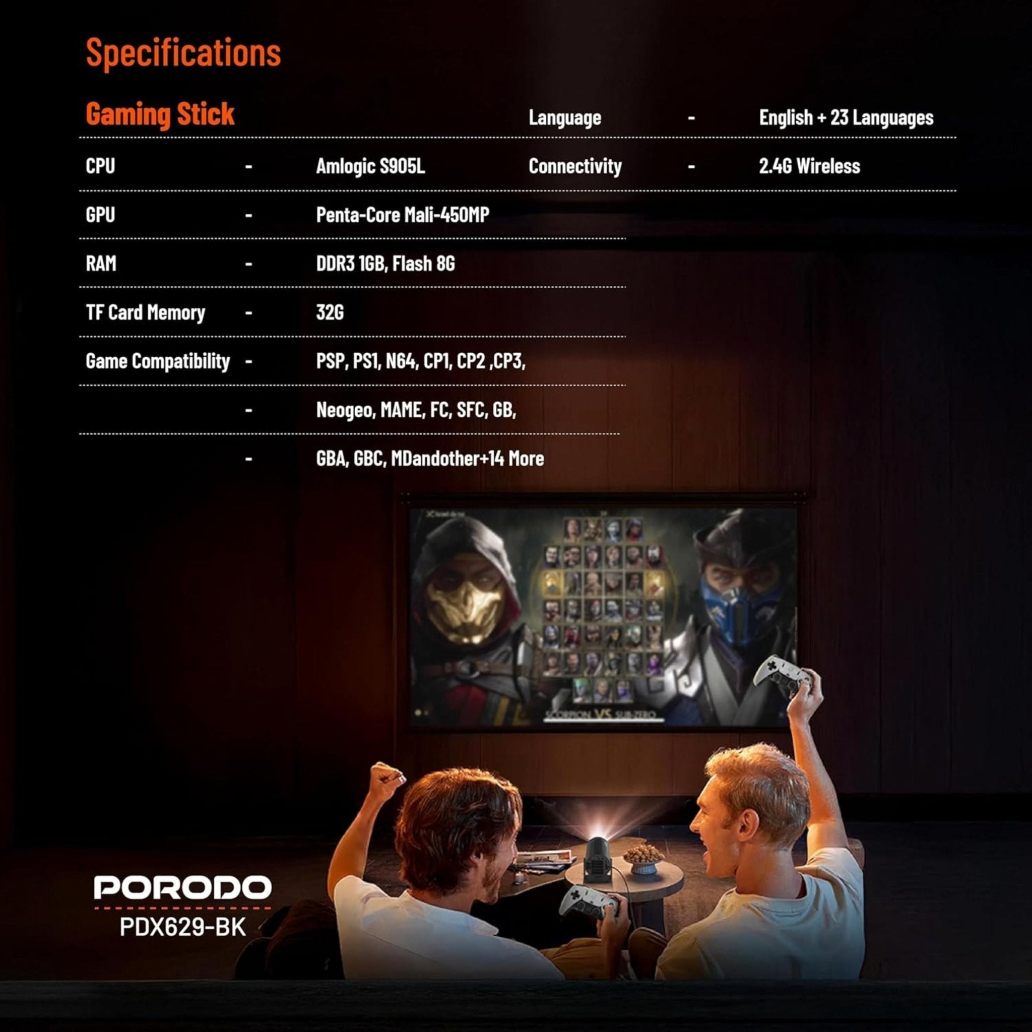 Porodo Gaming 4K Projector Android 11 with Auto Keystone and Gamepad Controller