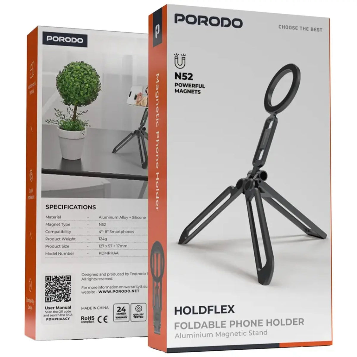 Porodo Holdflex Foldable Phone Holder with Aluminum Magnetic Stand - Gray - STOORE.AE | ستور الامارات