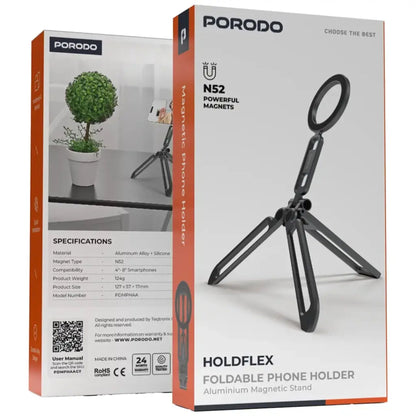 Porodo Holdflex Foldable Phone Holder with Aluminum Magnetic Stand - Gray - STOORE.AE | ستور الامارات