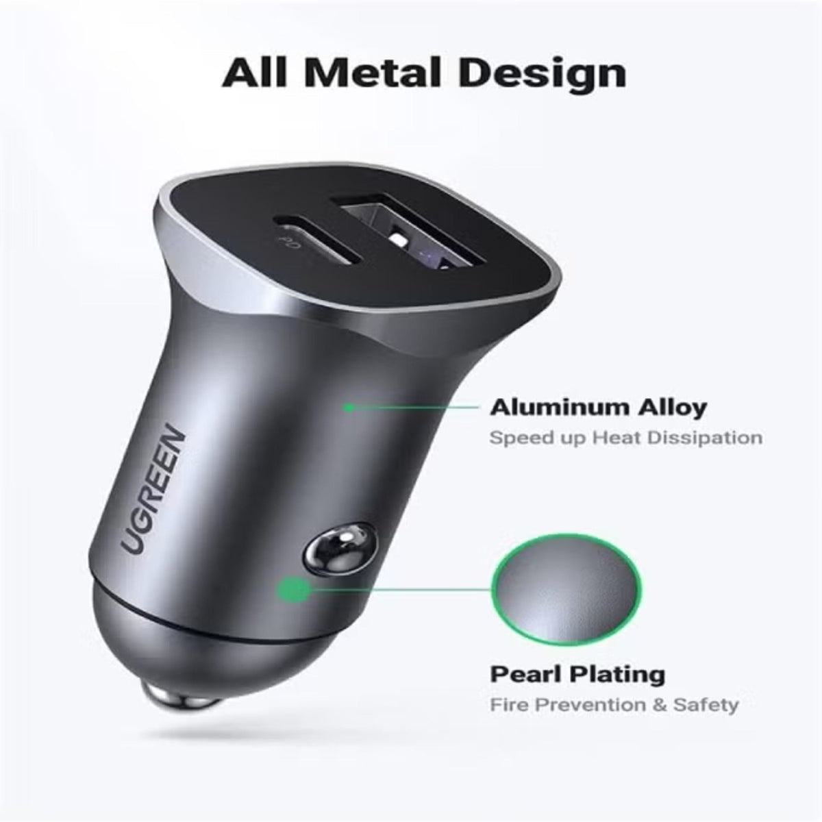 UGREEN 30 USB-A & USB-C 30W Car Charger - Gray - STOORE.AE | ستور الامارات