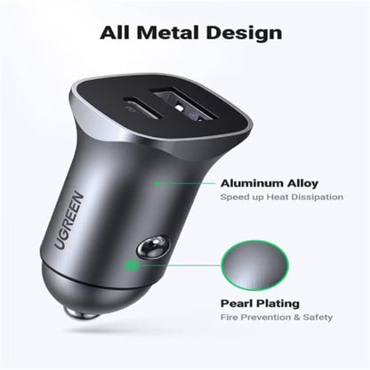 UGREEN 30 USB-A & USB-C 30W Car Charger - Gray - STOORE.AE | ستور الامارات