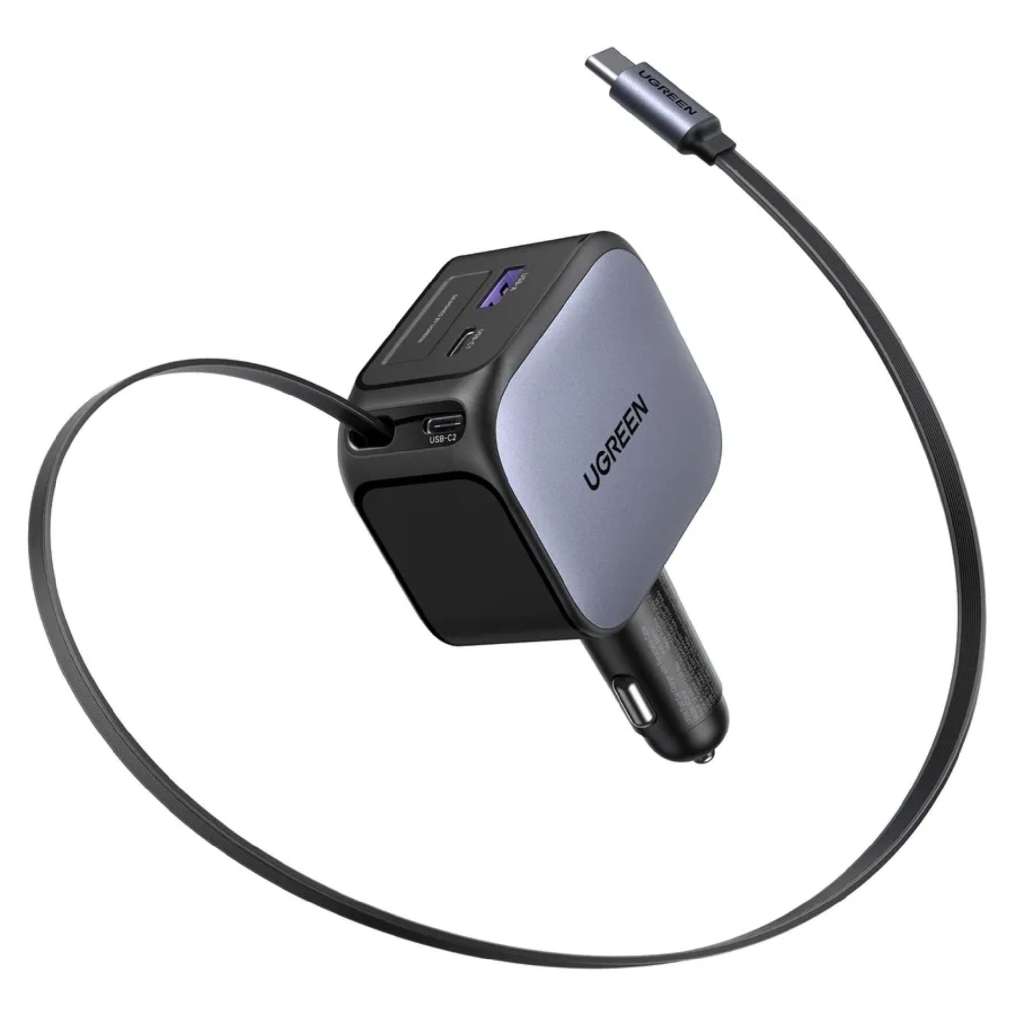 UGREEN Nexode 145W 3 - Port Fast Car Charger with Built - in Retractable USB - C Cable - Grey - STOORE.AE | ستور الامارات