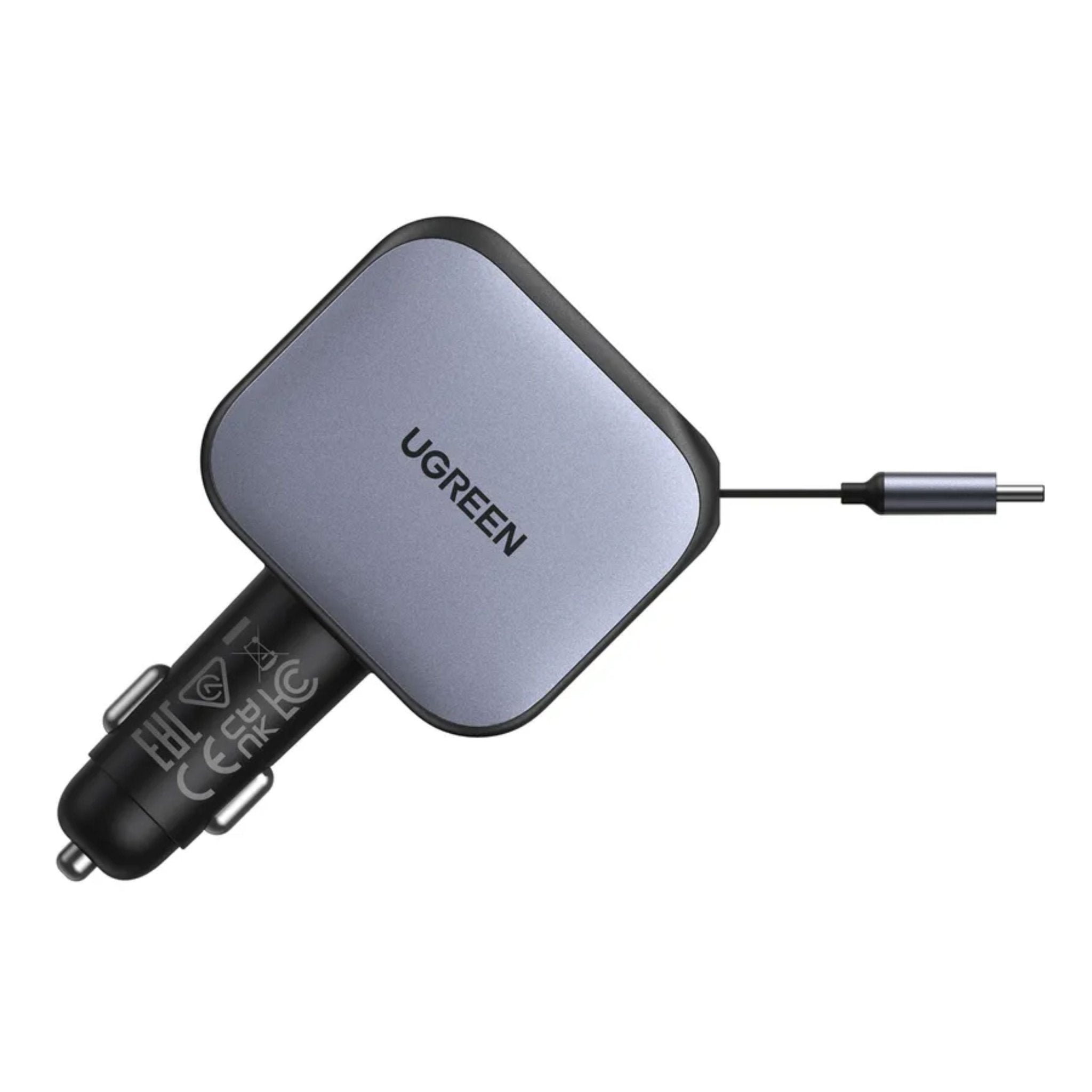 UGREEN Nexode 145W 3 - Port Fast Car Charger with Built - in Retractable USB - C Cable - Grey - STOORE.AE | ستور الامارات
