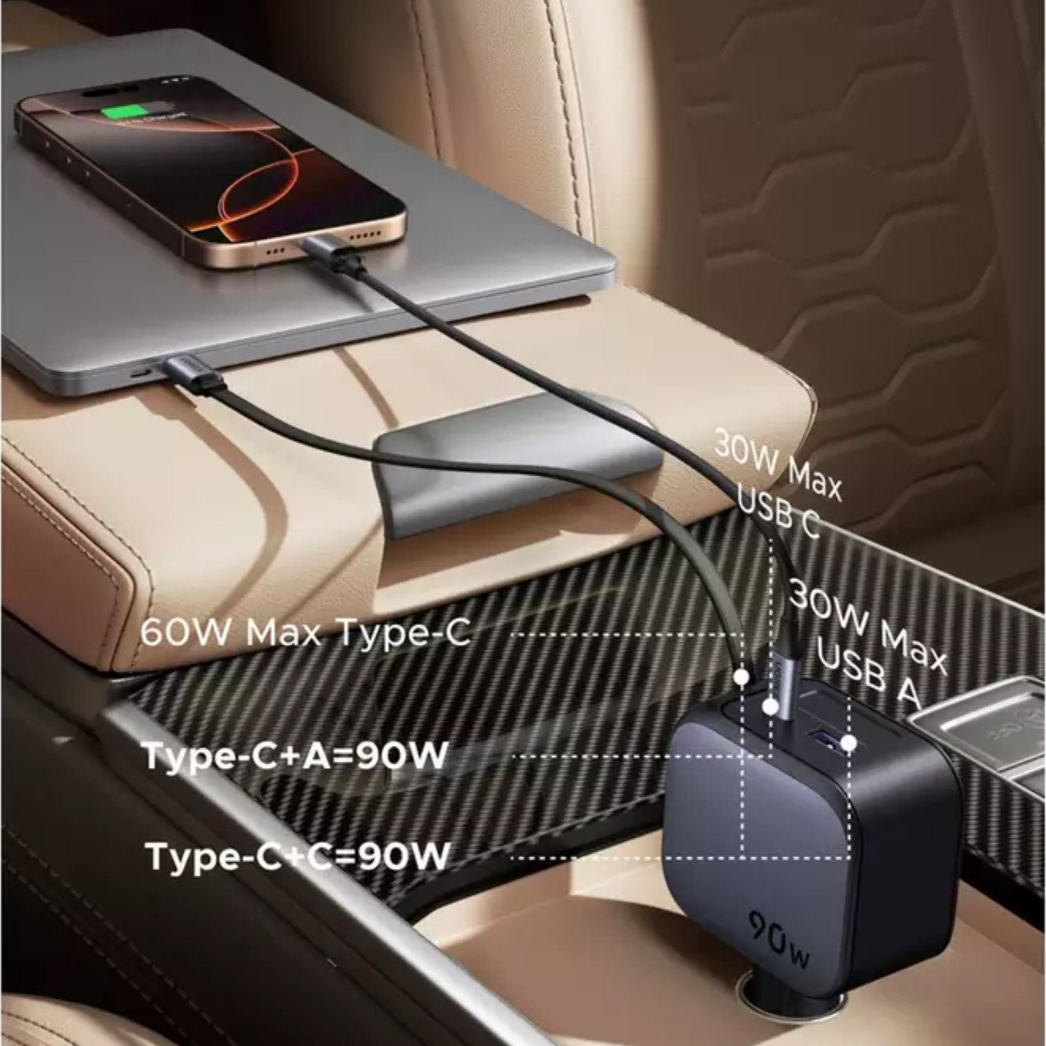 UGREEN Nexode 90W 2 - Port Fast Car Charger with Built - in Retractable USB - C Cable - Grey - STOORE.AE | ستور الامارات
