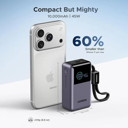 UGREEN Nexode Pro 10000mAh 55W Power Bank with Built-in USB-C Cable - Black - STOORE.AE | ستور الامارات