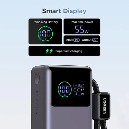 UGREEN Nexode Pro 10000mAh 55W Power Bank with Built-in USB-C Cable - Black - STOORE.AE | ستور الامارات