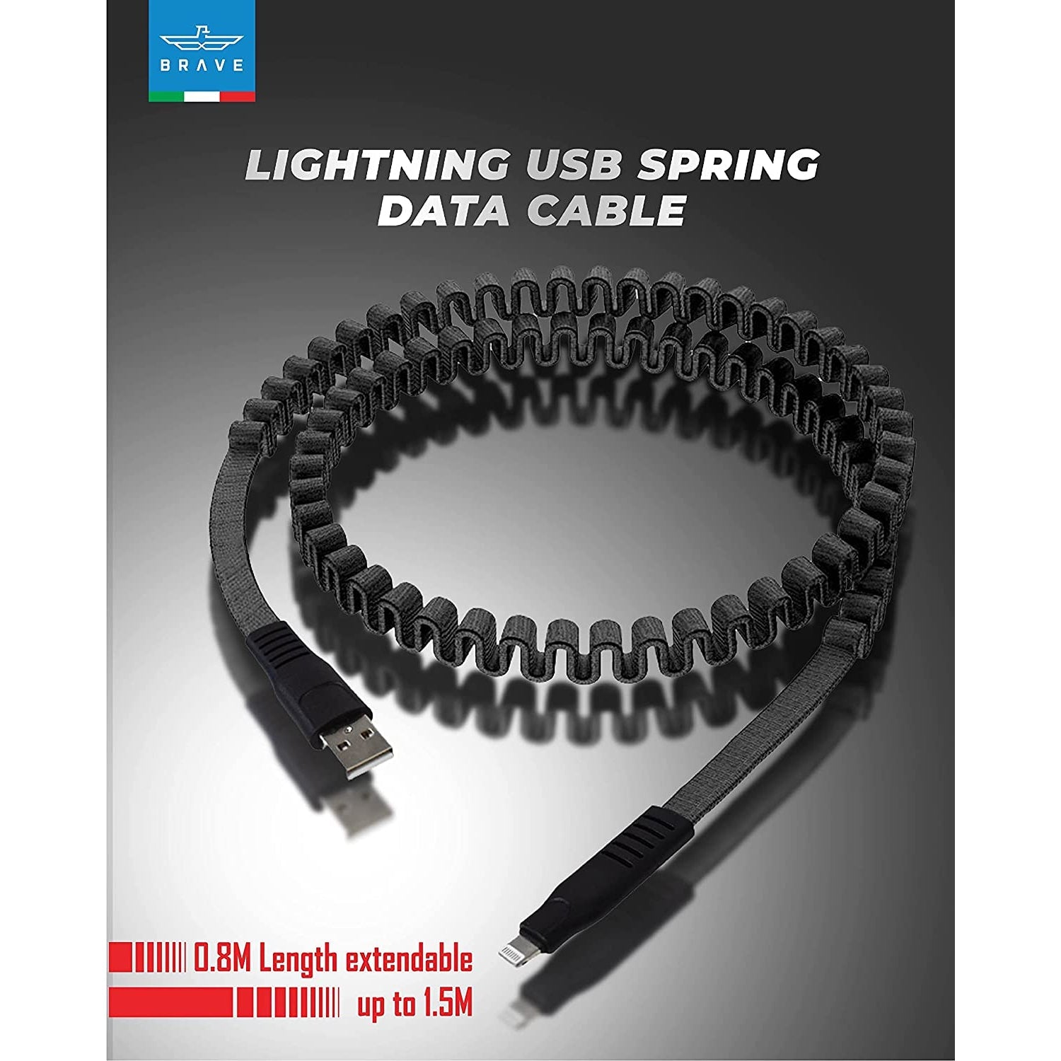 Brave USB-A To Lightning Spring Data Cable 2.1A - Black