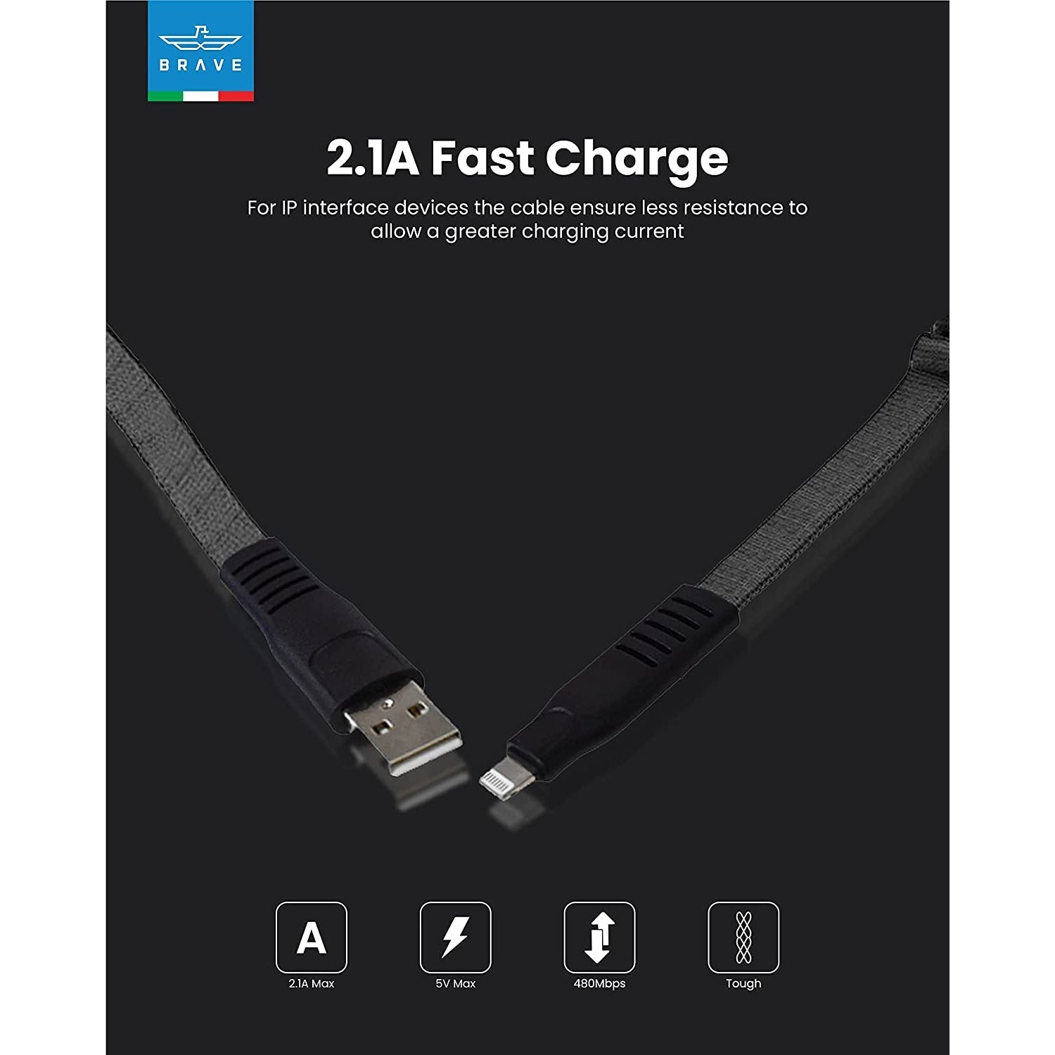 Brave USB-A To Lightning Spring Data Cable 2.1A - Black